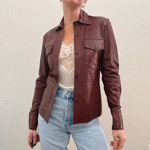 Vintage/Y2K Burgundy 100% Leather Western Long Sleeve Button Up Shirt Jacket